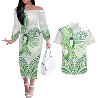 Its Okay Green Ribbon Personalised Couples Matching Off The Shoulder Long Sleeve Dress and Hawaiian Shirt Polynesian Depression Awareness