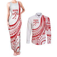 Know Your Status Red Ribbon Personalised Couples Matching Tank Maxi Dress and Long Sleeve Button Shirt Polynesian AIDS Awareness