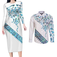 Kahui Whetu Paua shell Kowhaiwhai Taniko Personalised Couples Matching Long Sleeve Bodycon Dress and Long Sleeve Button Shirt Manta Ray Shark-Turtle Maori Tribal Style