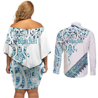 Kahui Whetu Paua shell Kowhaiwhai Taniko Personalised Couples Matching Off Shoulder Short Dress and Long Sleeve Button Shirt Manta Ray Shark-Turtle Maori Tribal Style