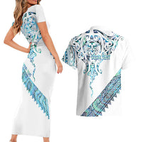 Kahui Whetu Paua shell Kowhaiwhai Taniko Personalised Couples Matching Short Sleeve Bodycon Dress and Hawaiian Shirt Manta Ray Shark-Turtle Maori Tribal Style