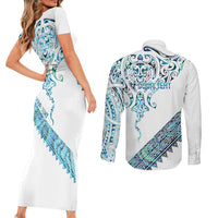 Kahui Whetu Paua shell Kowhaiwhai Taniko Personalised Couples Matching Short Sleeve Bodycon Dress and Long Sleeve Button Shirt Manta Ray Shark-Turtle Maori Tribal Style