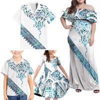 Kahui Whetu Paua shell Kowhaiwhai Taniko Personalised Family Matching Off Shoulder Maxi Dress and Hawaiian Shirt Manta Ray Shark-Turtle Maori Tribal Style