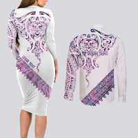 Mawhero Paua shell Kowhaiwhai Taniko Personalised Couples Matching Long Sleeve Bodycon Dress and Long Sleeve Button Shirt Manta Ray Shark-Turtle Maori Tribal Style