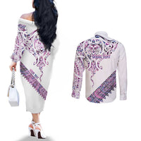Mawhero Paua shell Kowhaiwhai Taniko Personalised Couples Matching Off The Shoulder Long Sleeve Dress and Long Sleeve Button Shirt Manta Ray Shark-Turtle Maori Tribal Style
