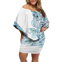 Kahui Whetu Paua shell Kowhaiwhai Taniko Personalised Family Matching Off Shoulder Short Dress and Hawaiian Shirt Taniwha Maori Tribal Style