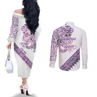 Mawhero Paua shell Kowhaiwhai Taniko Personalised Couples Matching Off The Shoulder Long Sleeve Dress and Long Sleeve Button Shirt Taniwha Maori Tribal Style