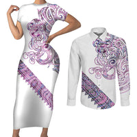 Mawhero Paua shell Kowhaiwhai Taniko Personalised Couples Matching Short Sleeve Bodycon Dress and Long Sleeve Button Shirt Taniwha Maori Tribal Style