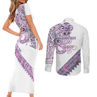 Mawhero Paua shell Kowhaiwhai Taniko Personalised Couples Matching Short Sleeve Bodycon Dress and Long Sleeve Button Shirt Taniwha Maori Tribal Style