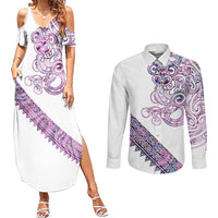 Mawhero Paua shell Kowhaiwhai Taniko Personalised Couples Matching Summer Maxi Dress and Long Sleeve Button Shirt Taniwha Maori Tribal Style