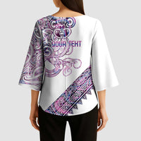 Mawhero Paua shell Kowhaiwhai Taniko Personalised Kimono Sleeve Blouse Taniwha Maori Tribal Style