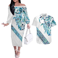 Kahui Whetu Paua shell Kowhaiwhai Taniko Personalised Couples Matching Off The Shoulder Long Sleeve Dress and Hawaiian Shirt Turtle Tattoo Maori Tribal Style