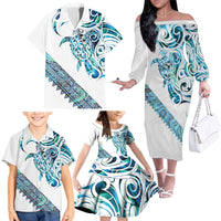 Kahui Whetu Paua shell Kowhaiwhai Taniko Personalised Family Matching Off The Shoulder Long Sleeve Dress and Hawaiian Shirt Turtle Tattoo Maori Tribal Style