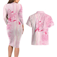 Breast Cancer Awareness Couples Matching Long Sleeve Bodycon Dress and Hawaiian Shirt Maile Pikake Lokelani Crown Flower Lei Inspired