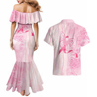 Breast Cancer Awareness Couples Matching Mermaid Dress and Hawaiian Shirt Maile Pikake Lokelani Crown Flower Lei Inspired