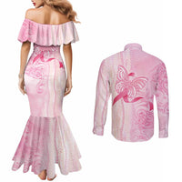 Breast Cancer Awareness Couples Matching Mermaid Dress and Long Sleeve Button Shirt Maile Pikake Lokelani Crown Flower Lei Inspired