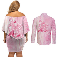 Breast Cancer Awareness Couples Matching Off Shoulder Short Dress and Long Sleeve Button Shirt Maile Pikake Lokelani Crown Flower Lei Inspired LT9 - Polynesian Pride