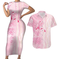Breast Cancer Awareness Couples Matching Short Sleeve Bodycon Dress and Hawaiian Shirt Maile Pikake Lokelani Crown Flower Lei Inspired