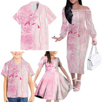 Breast Cancer Awareness Family Matching Off The Shoulder Long Sleeve Dress and Hawaiian Shirt Maile Pikake Lokelani Crown Flower Lei Inspired