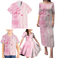 Breast Cancer Awareness Family Matching Puletasi and Hawaiian Shirt Maile Pikake Lokelani Crown Flower Lei Inspired