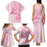 Breast Cancer Awareness Family Matching Tank Maxi Dress and Hawaiian Shirt Maile Pikake Lokelani Crown Flower Lei Inspired