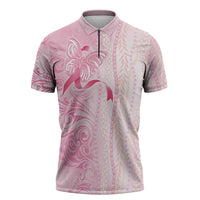 Breast Cancer Awareness Zipper Polo Shirt Maile Pikake Lokelani Crown Flower Lei Inspired
