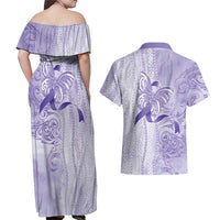 Epilepsy Awareness Couples Matching Off Shoulder Maxi Dress and Hawaiian Shirt Maile Pikake Lokelani Crown Flower Lei Inspired