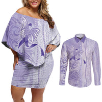 Epilepsy Awareness Couples Matching Off Shoulder Short Dress and Long Sleeve Button Shirt Maile Pikake Lokelani Crown Flower Lei Inspired