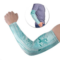 PTSD Awareness Arm Sleeves Maile Pikake Lokelani Crown Flower Lei Inspired LT9 Set of 2 Teal - Polynesian Pride