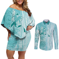 PTSD Awareness Couples Matching Off Shoulder Short Dress and Long Sleeve Button Shirt Maile Pikake Lokelani Crown Flower Lei Inspired