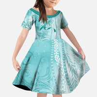 PTSD Awareness Family Matching Off Shoulder Maxi Dress and Hawaiian Shirt Maile Pikake Lokelani Crown Flower Lei Inspired LT9 Daughter's Dress Teal - Polynesian Pride