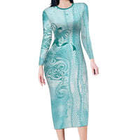 PTSD Awareness Long Sleeve Bodycon Dress Maile Pikake Lokelani Crown Flower Lei Inspired LT9 Long Dress Teal - Polynesian Pride