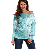 PTSD Awareness Off Shoulder Sweater Maile Pikake Lokelani Crown Flower Lei Inspired LT9 Women Teal - Polynesian Pride