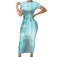 PTSD Awareness Short Sleeve Bodycon Dress Maile Pikake Lokelani Crown Flower Lei Inspired LT9 Long Dress Teal - Polynesian Pride