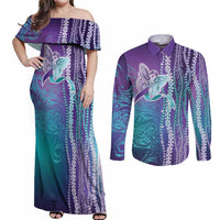 Suicide Prevention Awareness Couples Matching Off Shoulder Maxi Dress and Long Sleeve Button Shirt Maile Pikake Lokelani Crown Flower Lei Inspired