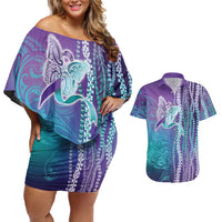 Suicide Prevention Awareness Couples Matching Off Shoulder Short Dress and Hawaiian Shirt Maile Pikake Lokelani Crown Flower Lei Inspired