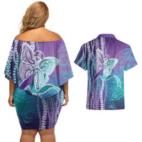 Suicide Prevention Awareness Couples Matching Off Shoulder Short Dress and Hawaiian Shirt Maile Pikake Lokelani Crown Flower Lei Inspired
