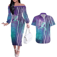 Suicide Prevention Awareness Couples Matching Off The Shoulder Long Sleeve Dress and Hawaiian Shirt Maile Pikake Lokelani Crown Flower Lei Inspired
