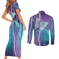 Suicide Prevention Awareness Couples Matching Short Sleeve Bodycon Dress and Long Sleeve Button Shirt Maile Pikake Lokelani Crown Flower Lei Inspired