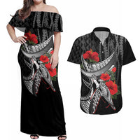Hawaiian Honu Personalized Couples Matching Off Shoulder Maxi Dress and Hawaiian Shirt Black Tribal Hook Pattern