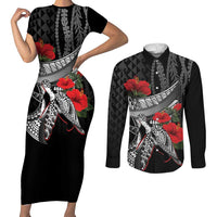 Hawaiian Honu Personalized Couples Matching Short Sleeve Bodycon Dress and Long Sleeve Button Shirt Black Tribal Hook Pattern