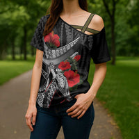 Hawaiian Honu Personalized Cross Shoulder Shirt Black Tribal Hook Pattern