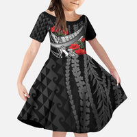Hawaiian Honu Personalized Family Matching Long Sleeve Bodycon Dress and Hawaiian Shirt Black Tribal Hook Pattern LT9 Daughter's Dress Black - Polynesian Pride