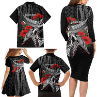Hawaiian Honu Personalized Family Matching Long Sleeve Bodycon Dress and Hawaiian Shirt Black Tribal Hook Pattern LT9 - Polynesian Pride
