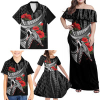 Hawaiian Honu Personalized Family Matching Off Shoulder Maxi Dress and Hawaiian Shirt Black Tribal Hook Pattern