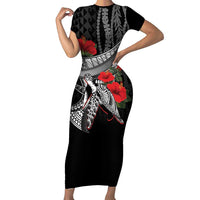 Hawaiian Honu Personalized Short Sleeve Bodycon Dress Black Tribal Hook Pattern