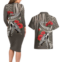 Hawaiian Honu Personalized Couples Matching Long Sleeve Bodycon Dress and Hawaiian Shirt Mocha Mousse Hibiscus Tribal Hook Pattern