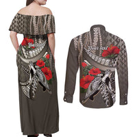 Hawaiian Honu Personalized Couples Matching Off Shoulder Maxi Dress and Long Sleeve Button Shirt Mocha Mousse Hibiscus Tribal Hook Pattern