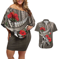 Hawaiian Honu Personalized Couples Matching Off Shoulder Short Dress and Hawaiian Shirt Mocha Mousse Hibiscus Tribal Hook Pattern