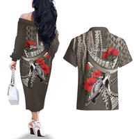 Hawaiian Honu Personalized Couples Matching Off The Shoulder Long Sleeve Dress and Hawaiian Shirt Mocha Mousse Hibiscus Tribal Hook Pattern LT9 - Polynesian Pride